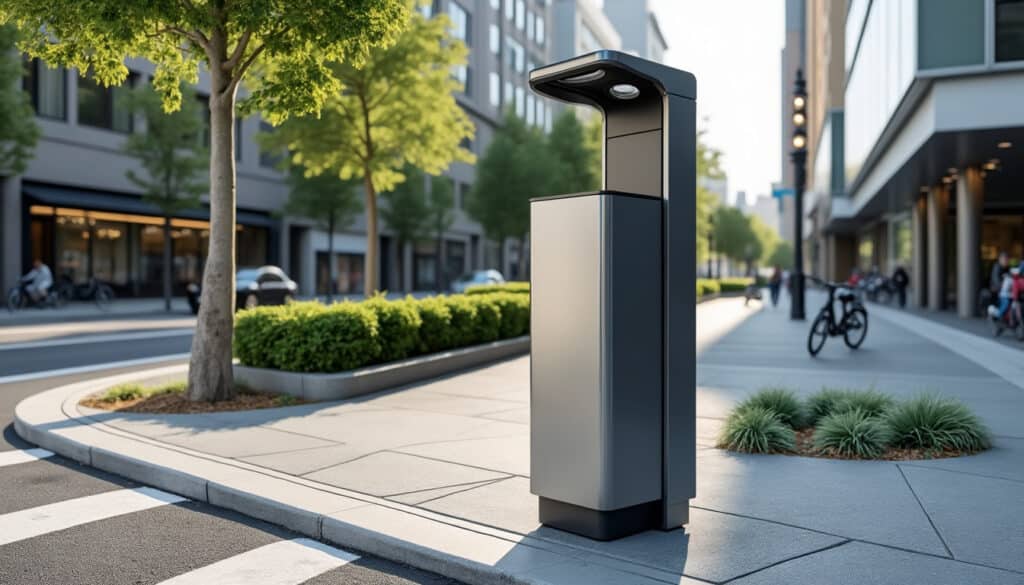 découvrez la poubelle urbaine sur mât, conçue pour simplifier le nettoyage mécanique des trottoirs par les balayeuses, alliant efficacité et praticité pour un environnement propre.