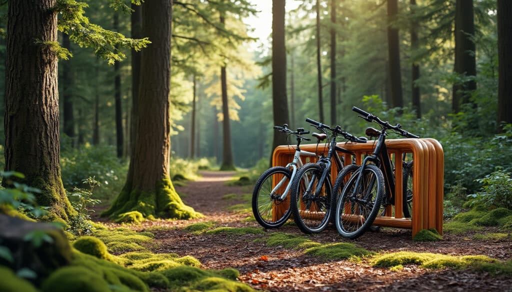 découvrez notre râtelier vélo en bois de châtaignier, une solution durable et esthétique pour équiper les aires de repos forestières tout en respectant l'environnement.
