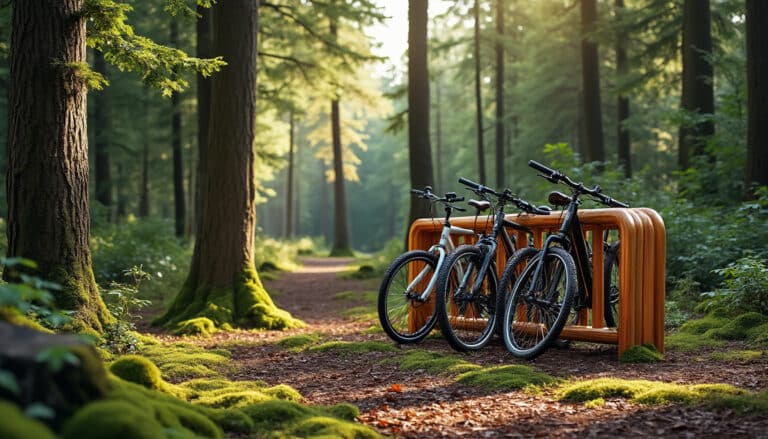 découvrez notre râtelier vélo en bois de châtaignier, une solution durable et esthétique pour équiper les aires de repos forestières tout en respectant l'environnement.